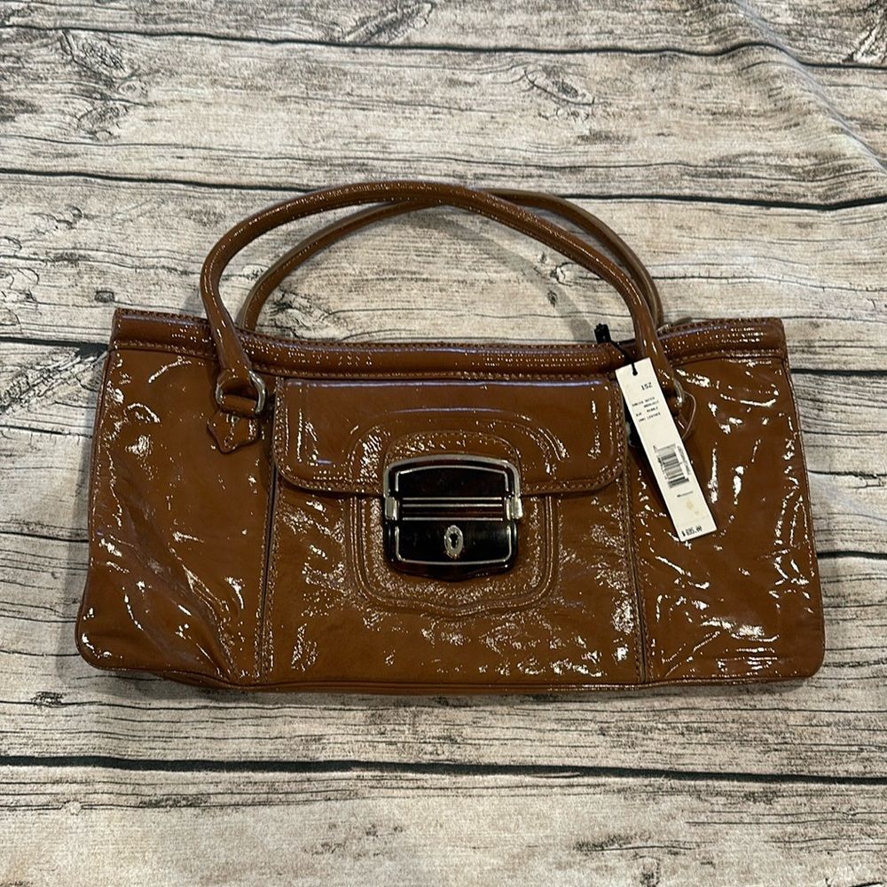 Elie Tahari Cognac Patent Leather Shoulder Bag with Front Buckle